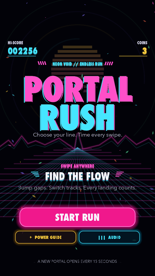 Portal Rush home screen with Start Run, Power Guide and Audio controls